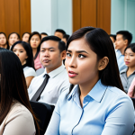 **

A diverse group of employees participating in a Town Hall meeting, actively engaged in asking questions and sharing feedback with executives. Focus on expressions of open communication and a culture of listening. Capture the ambiance of a modern office setting in Bangkok.

**