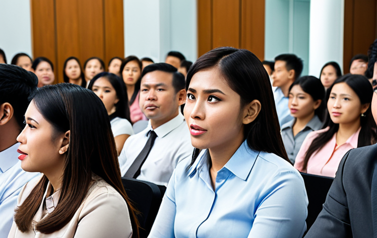 **

A diverse group of employees participating in a Town Hall meeting, actively engaged in asking questions and sharing feedback with executives. Focus on expressions of open communication and a culture of listening. Capture the ambiance of a modern office setting in Bangkok.

**