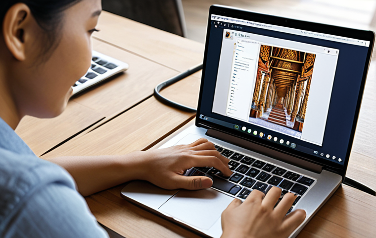 **

A Thai person happily using a Generative AI tool on their laptop, brainstorming content ideas. The scene should depict a modern co-working space, with elements of Thai design and cultural items subtly incorporated. The laptop screen shows a creative project in progress. Focus on conveying a sense of ease and inspiration.

**
