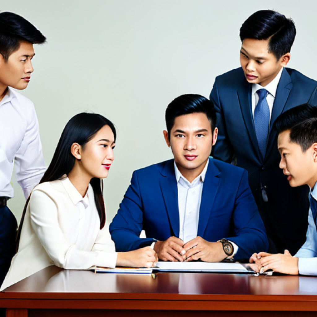 **
"A team of professional Thai office workers collaborating around a table, fully clothed in modest business attire, engaged in active listening, safe for work, appropriate content, perfect anatomy, correct proportions, natural poses, bright office environment, high quality professional photography, family-friendly."
**