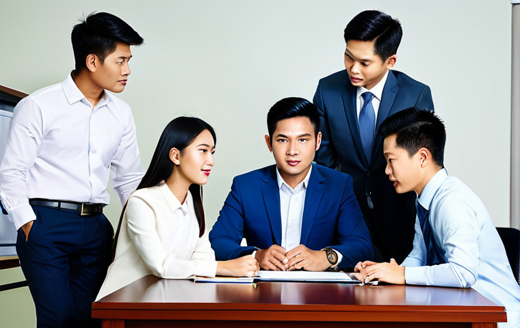 **
"A team of professional Thai office workers collaborating around a table, fully clothed in modest business attire, engaged in active listening, safe for work, appropriate content, perfect anatomy, correct proportions, natural poses, bright office environment, high quality professional photography, family-friendly."
**