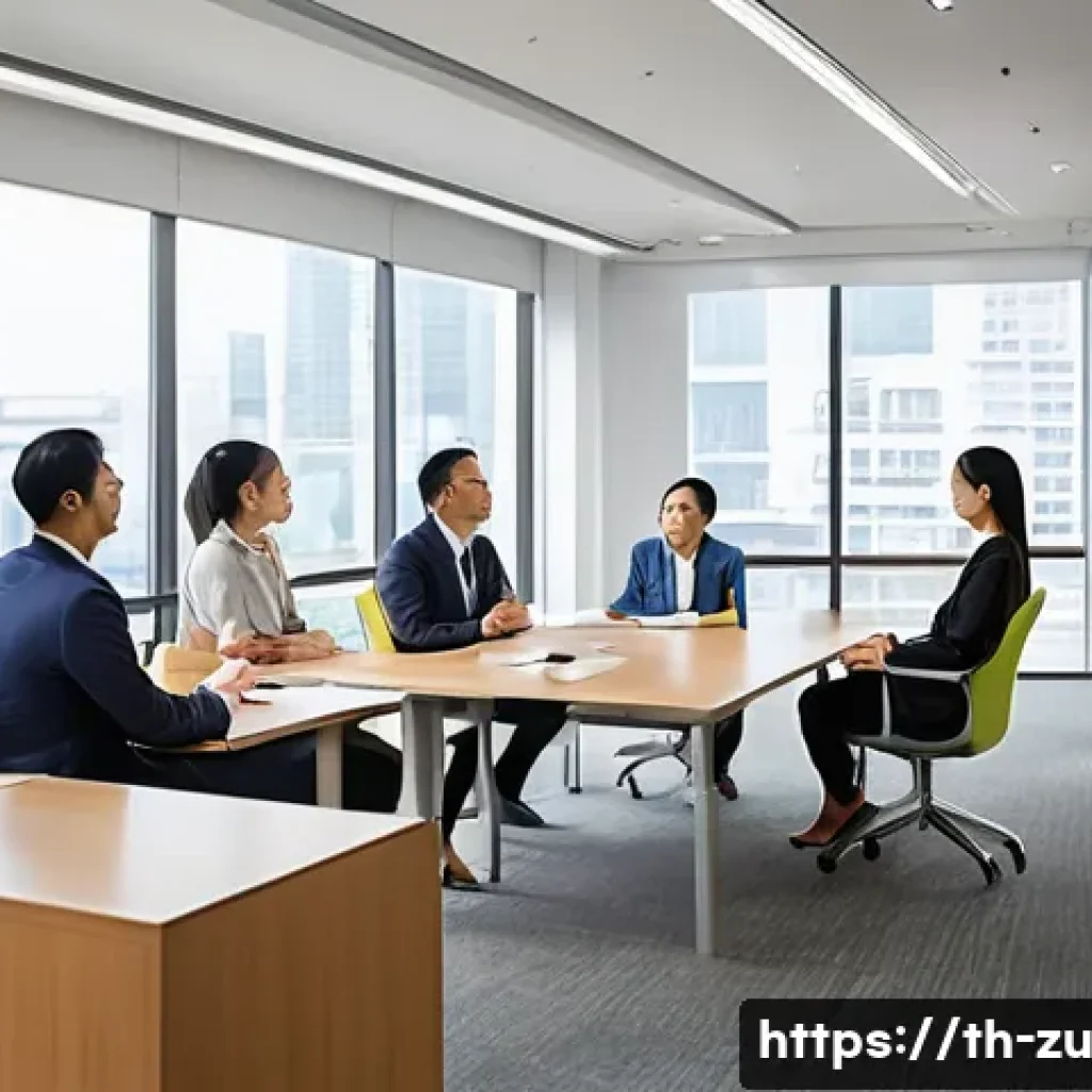 피드백 수용력 향상을 위한 포괄적인 접근법 - A professional Thai office setting where a diverse group of adult coworkers engage in a constructive...