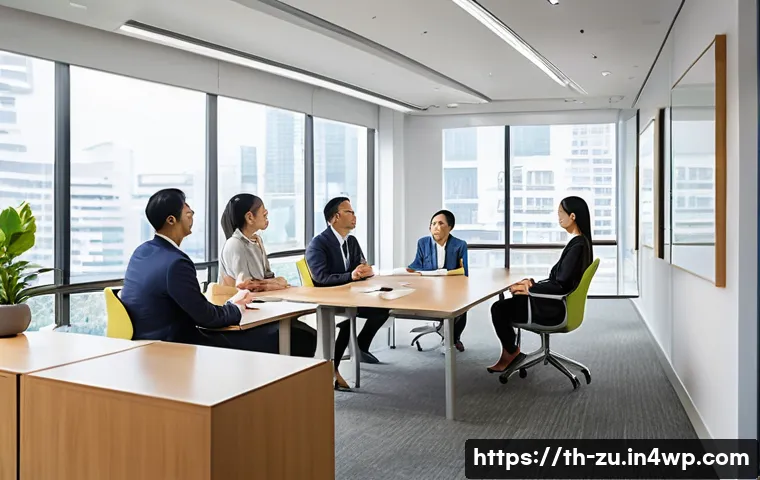 피드백 수용력 향상을 위한 포괄적인 접근법 - A professional Thai office setting where a diverse group of adult coworkers engage in a constructive...