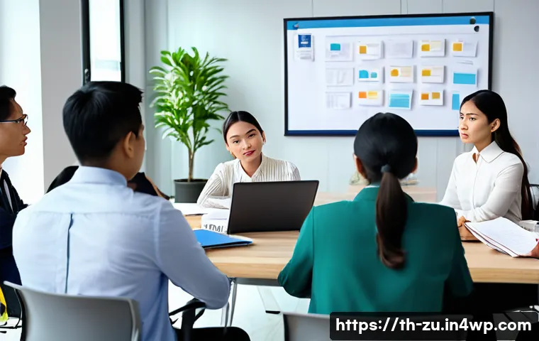 피드백 수용을 위한 긍정적인 사고법 - A professional office scene showing a diverse group of Thai colleagues attentively listening to cons...