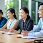 Home 20 팀워크에서 피드백 수용의 중요성 - A diverse professional team sitting around a modern conference table in a bright office, attentively...