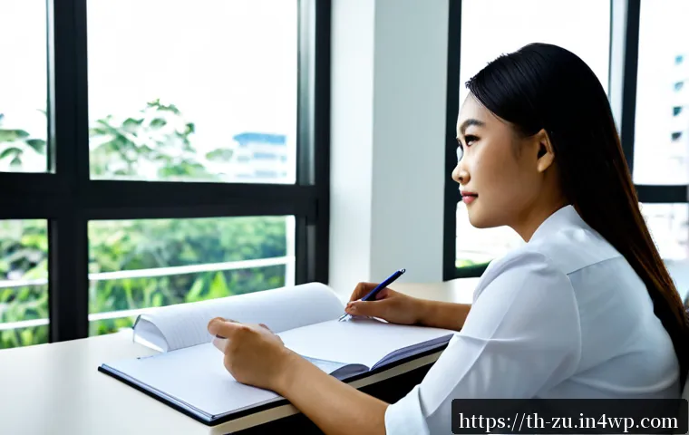 Home 29 효과적인 피드백 수용을 위한 목표 설정 - Photorealistic Thai professional in a bright modern Bangkok office, calmly reviewing constructive fe...